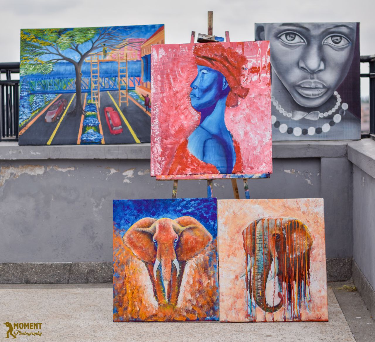 Five original paintings displayed as a collection
